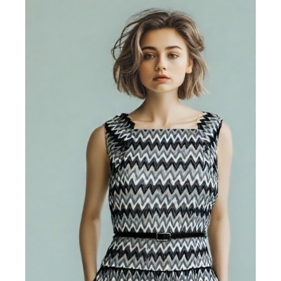 NEW David Meister Dress Chevron Sleeveless Pleated Belt Blue Grey Size Large 12 - Picture 1 of 7
